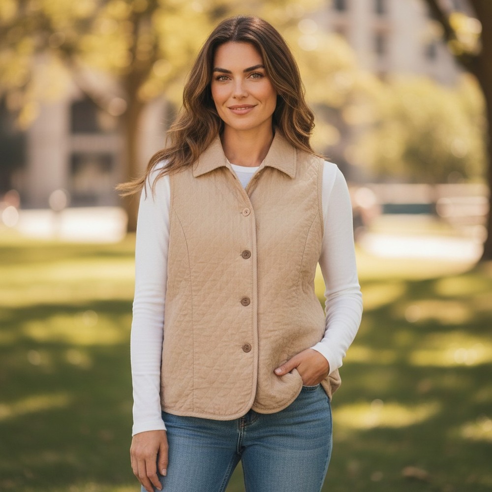 Basic Editions Tan Quilted Corduroy Vest Womens Large Beige Button Front Collar